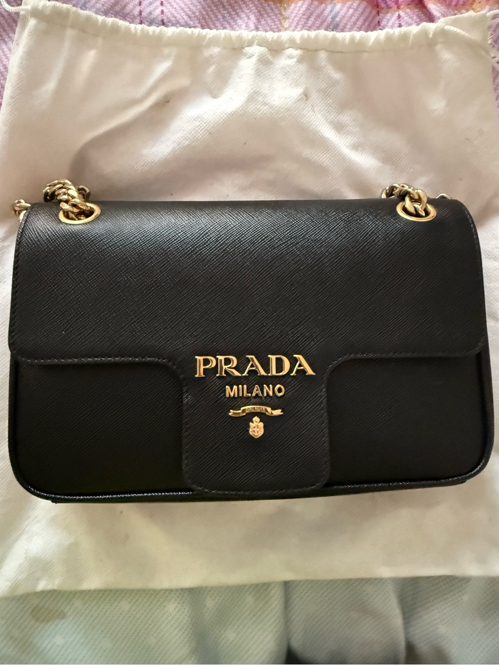 Prada Pattina - Black Saffiano Leather Shoulder Bag with Gold Hardware